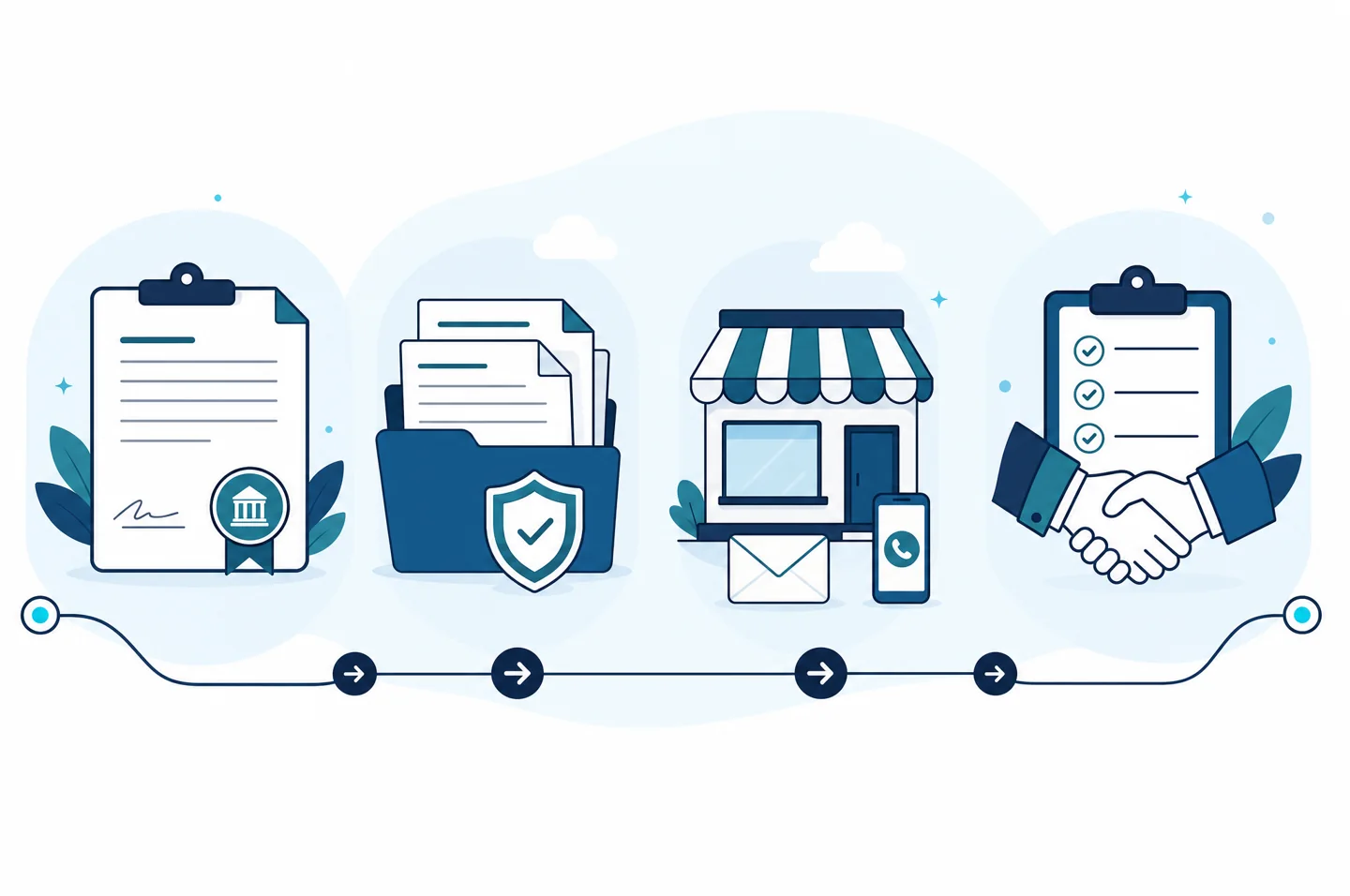 Four connected stages show formation paperwork, business documents, a storefront, and a prepared supplier application.