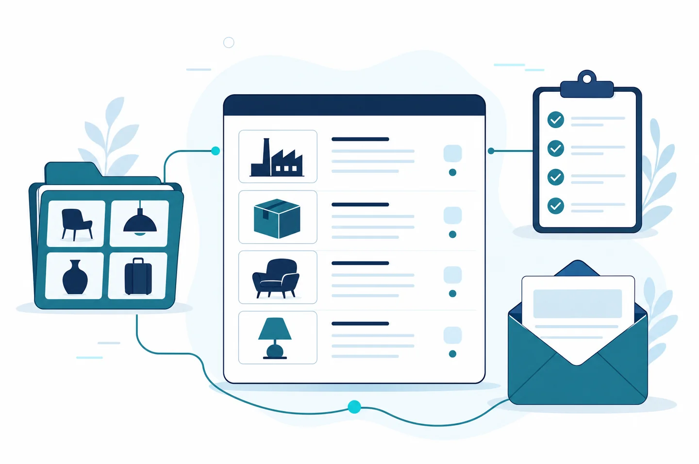 An organized supplier directory connected to product categories, a shortlist checklist, and an outreach envelope.
