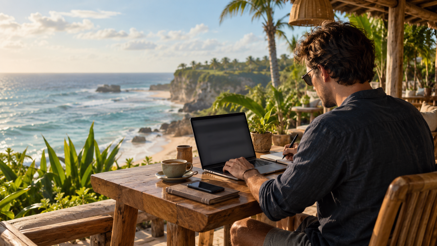 Entrepreneur researching suppliers from a Bali beach cafe